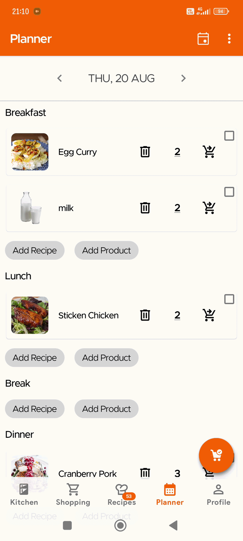 Copying planned meals to another date